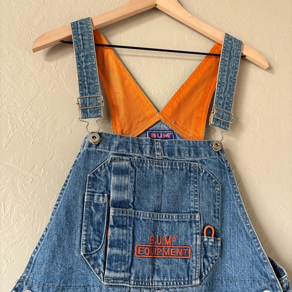 Vintage 90s B.U.M. Equipment Denim Short Overalls | Orange Mesh Lined | L - Picture 3 of 14
